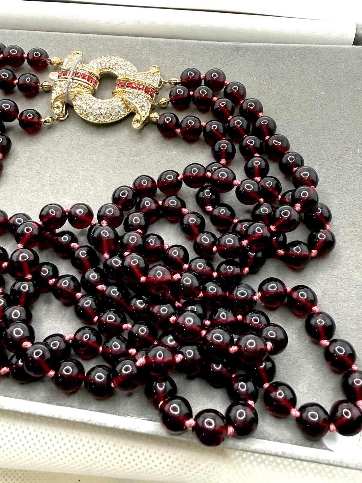 NOLAN MILLER Glamour Collection 3 Strand Bordeaux Glass Garnet Necklace 30”