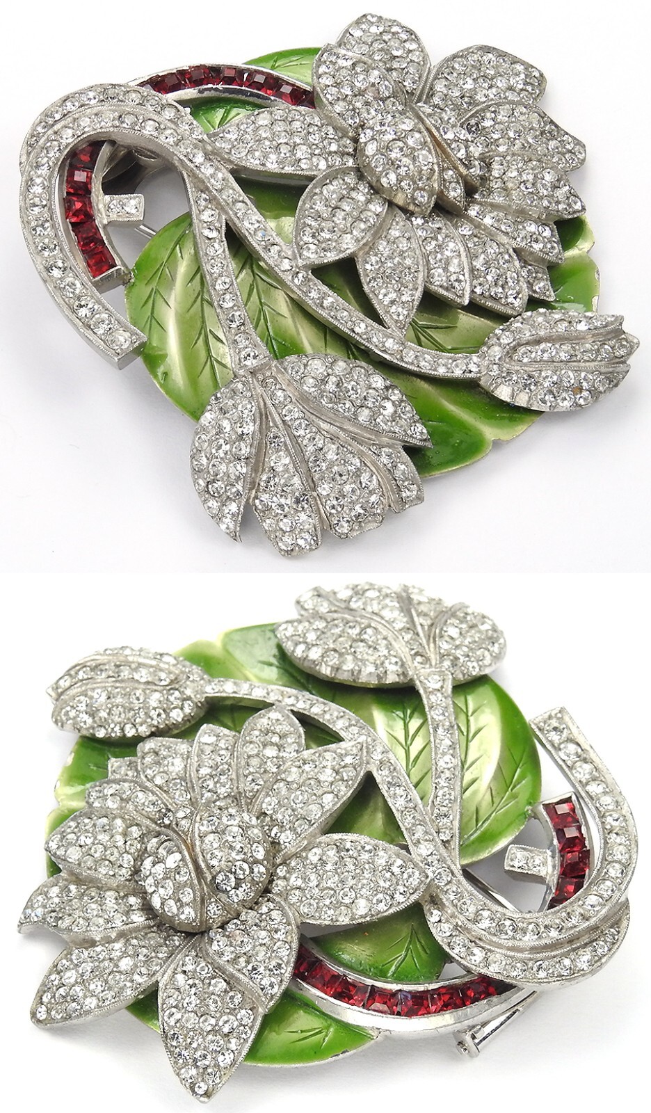 Dujay Pave Metallic Enamel Flowers Invisibly Set Ruby Stem Floral Spray Pin Clip