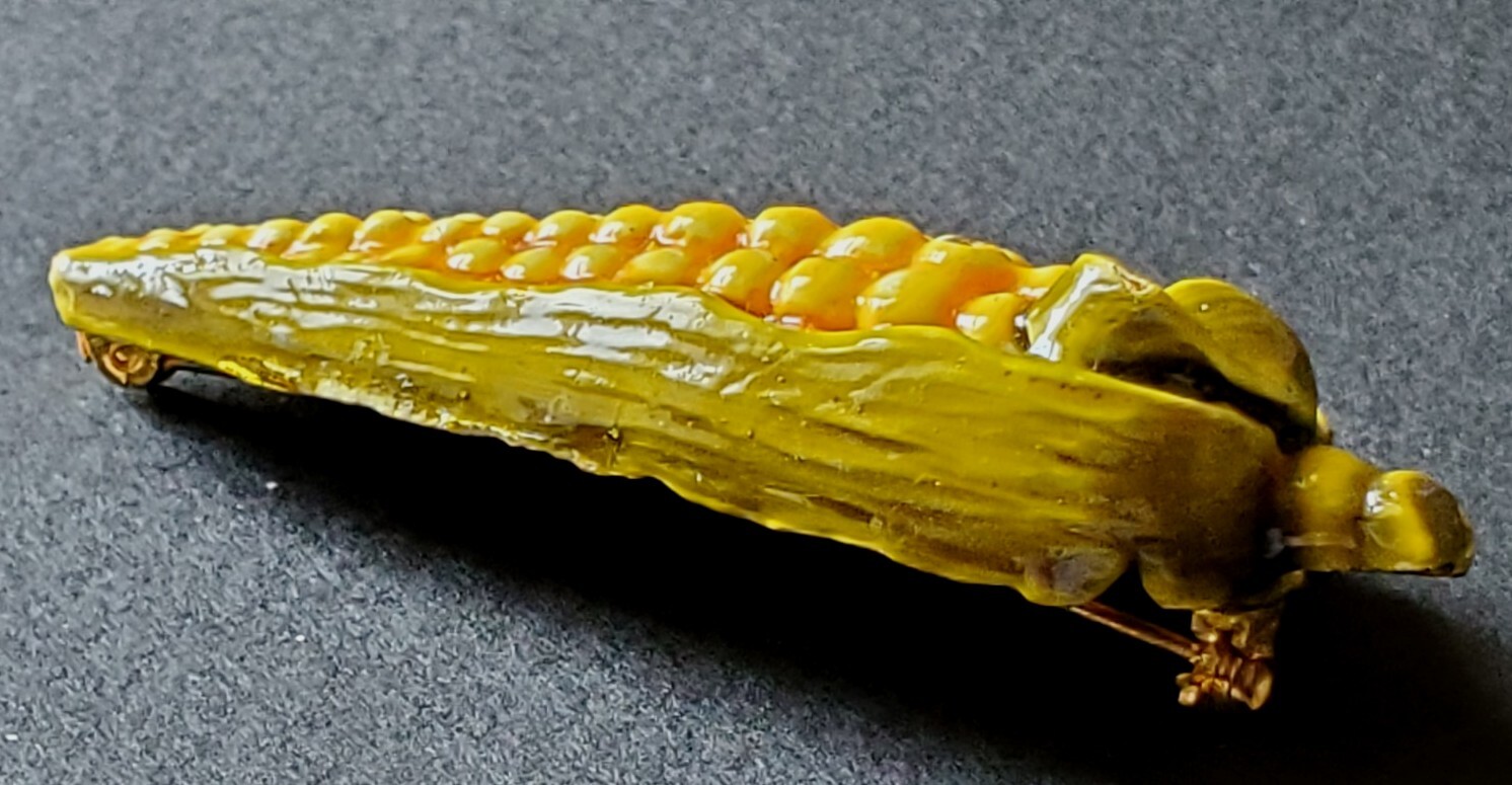 Vtg Zentall Enameled Gold Tone Corn Husk Country Farm Pin Brooch 2.5 in