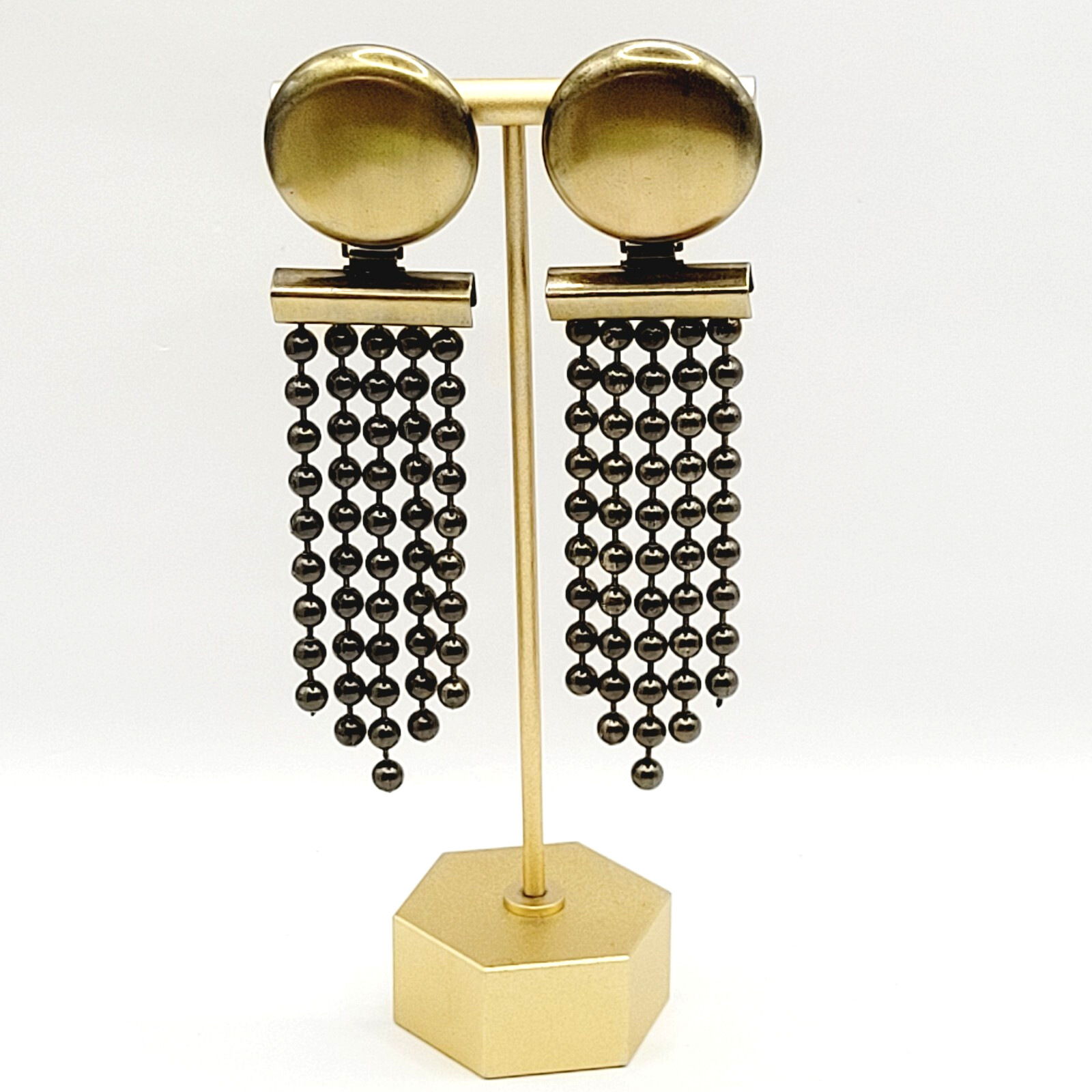 Ball & Chain Fringe Brutalist Runway Style Mixed Metal Tone Vtg Pierced Earrings