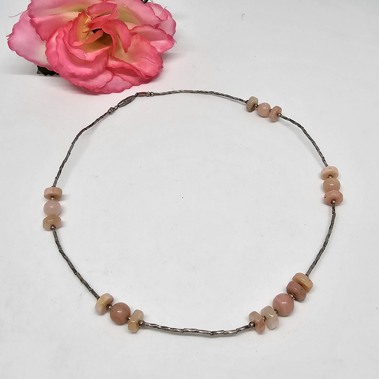 925 Sterling Silver – Round Pink Agate Beaded Chain Choker Necklace 16.5″ Long