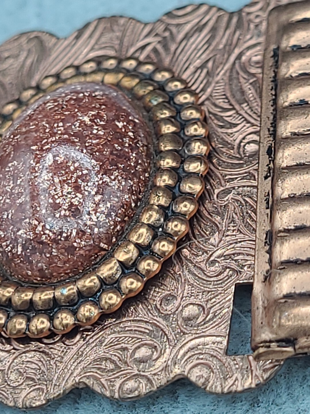 Stunning Vintage Copper & GoldStone Bracelet 7 3/4″ & Earrings Ornate Metalwork
