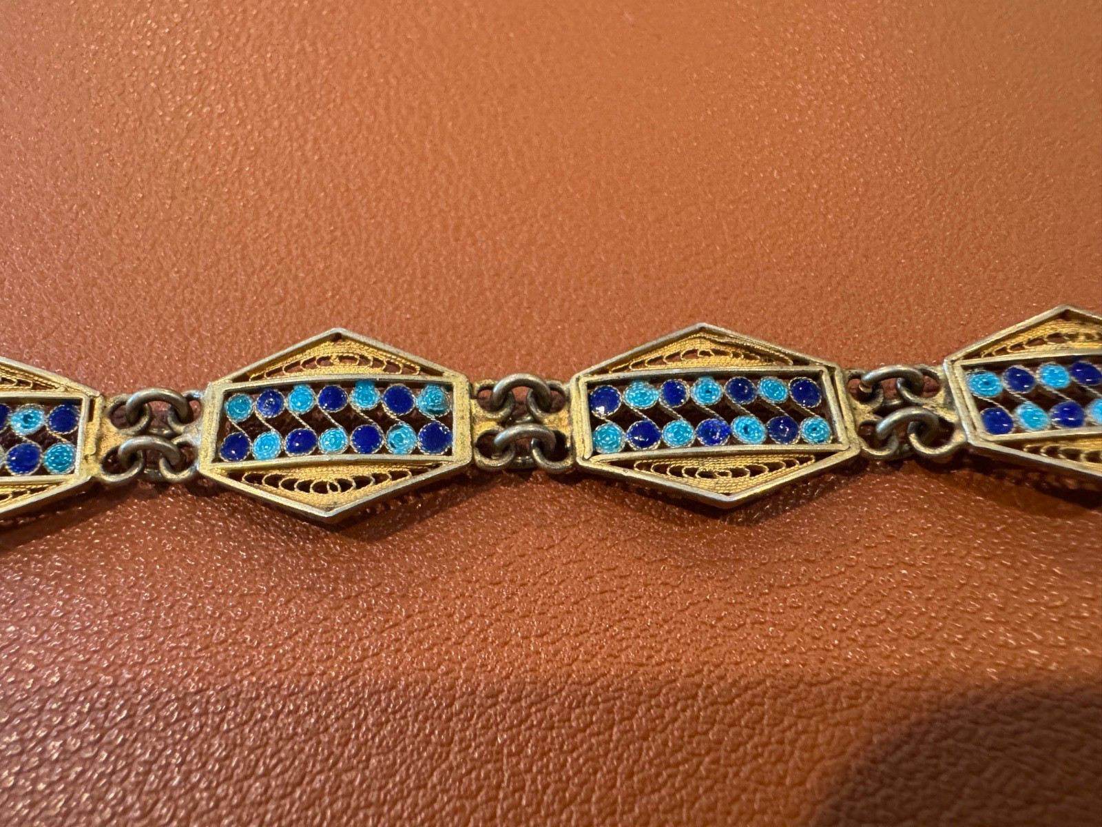 Vtg Antique 800 Silver Filigree Design Blue Enamel Bracelet w/ Gold Wash
