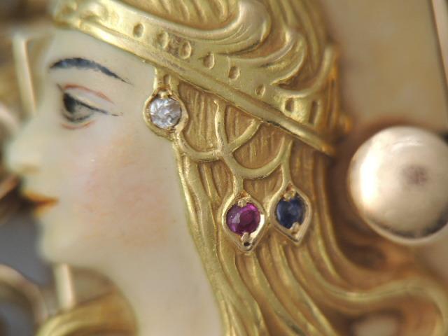 RARE ART NOUVEAU 14K GOLD ENAMEL JEWEL FACE DOUBLE CHAIN BRACELET 7 3/4 “