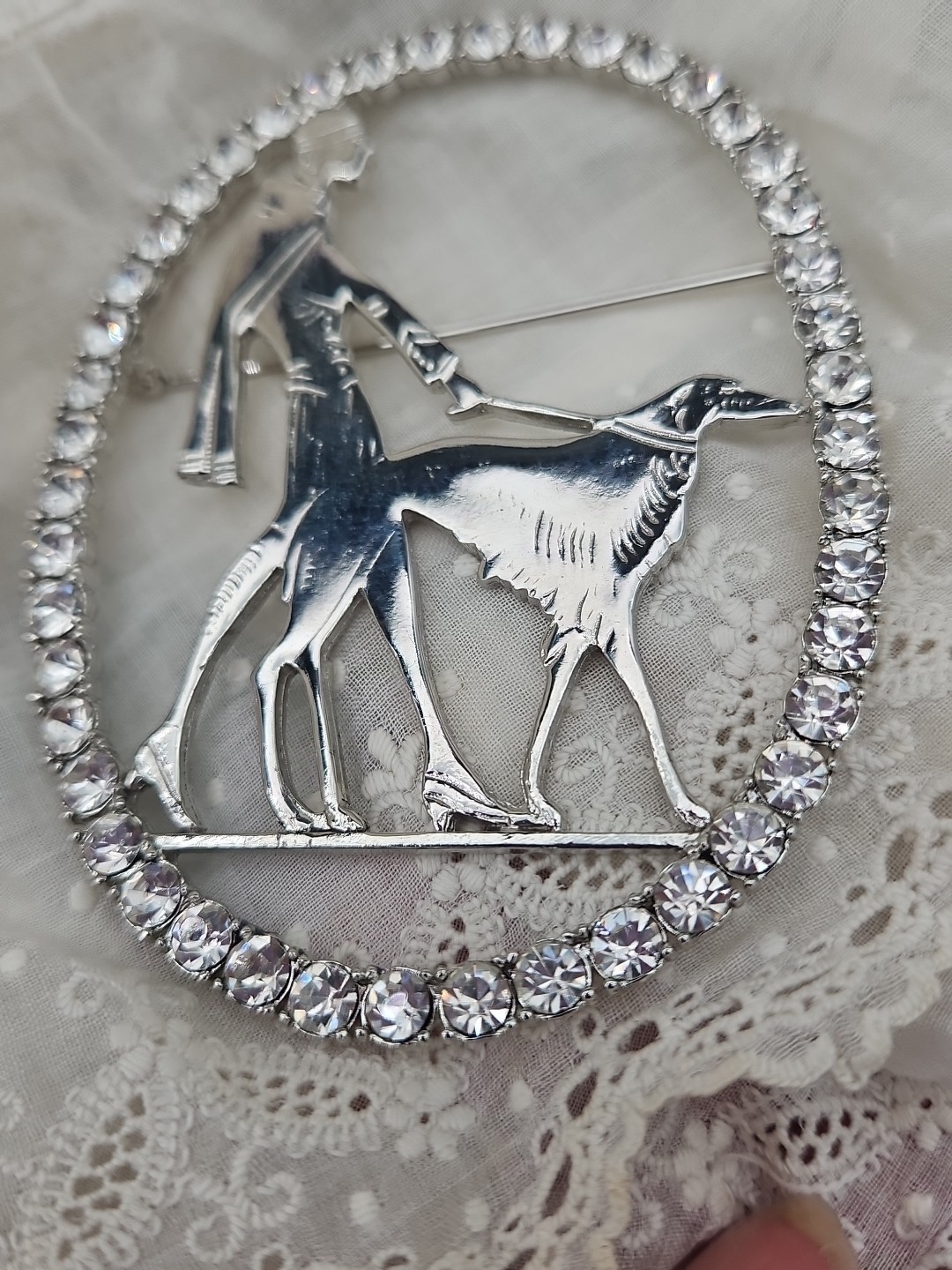 Vtg Vogue Art Deco 1920s Silver Lady Walking Borzoi Dog Brooch Pin Rhinestone