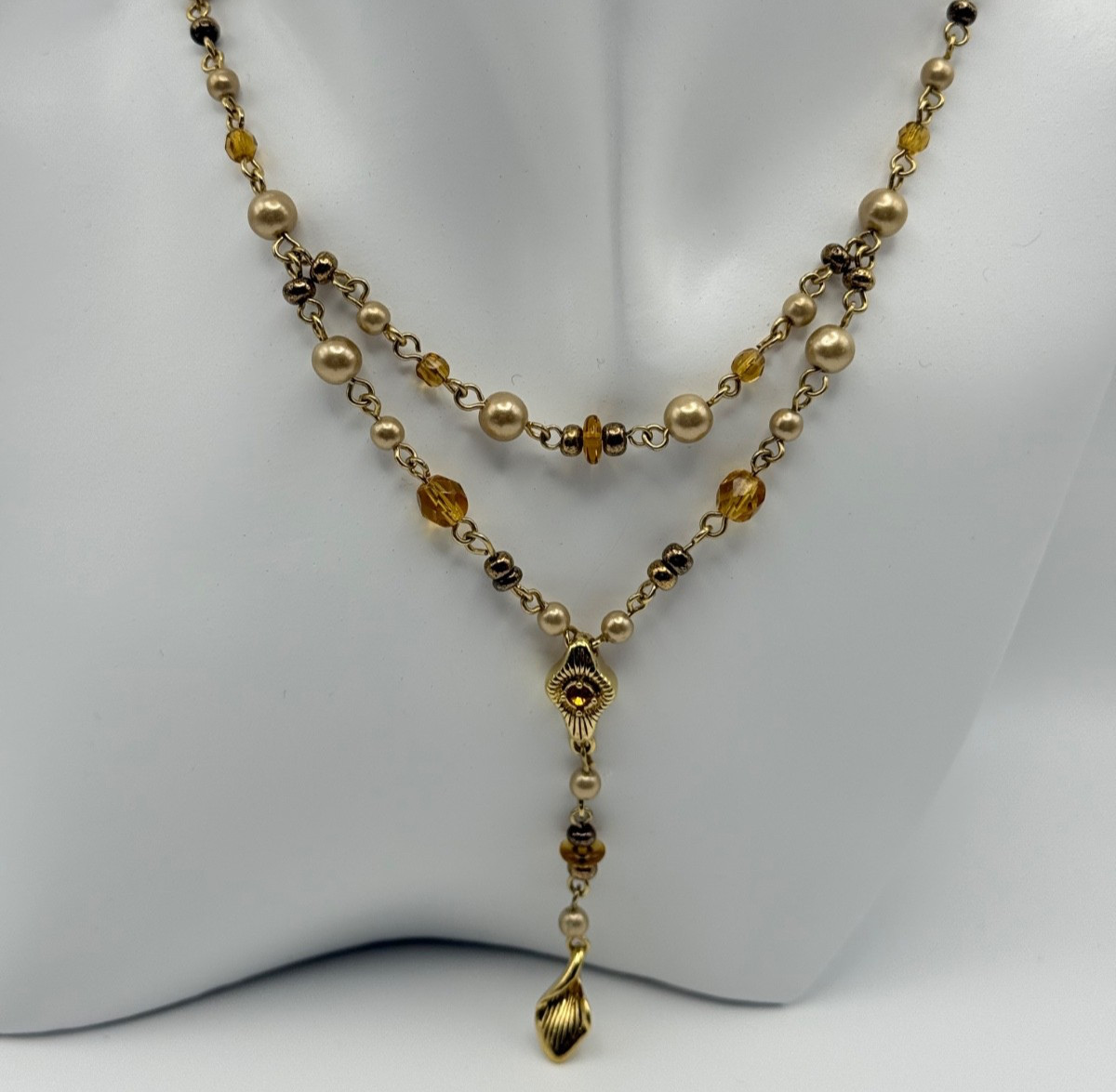 Vintage Layered Faux Pearl Amber Glass Gold Tone Y Necklace Adjustable