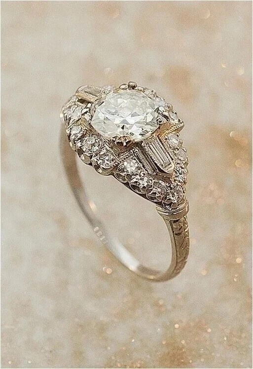 Art Deco Style Round Lab Created Diamond 14K White Gold Finish Engagement Ring