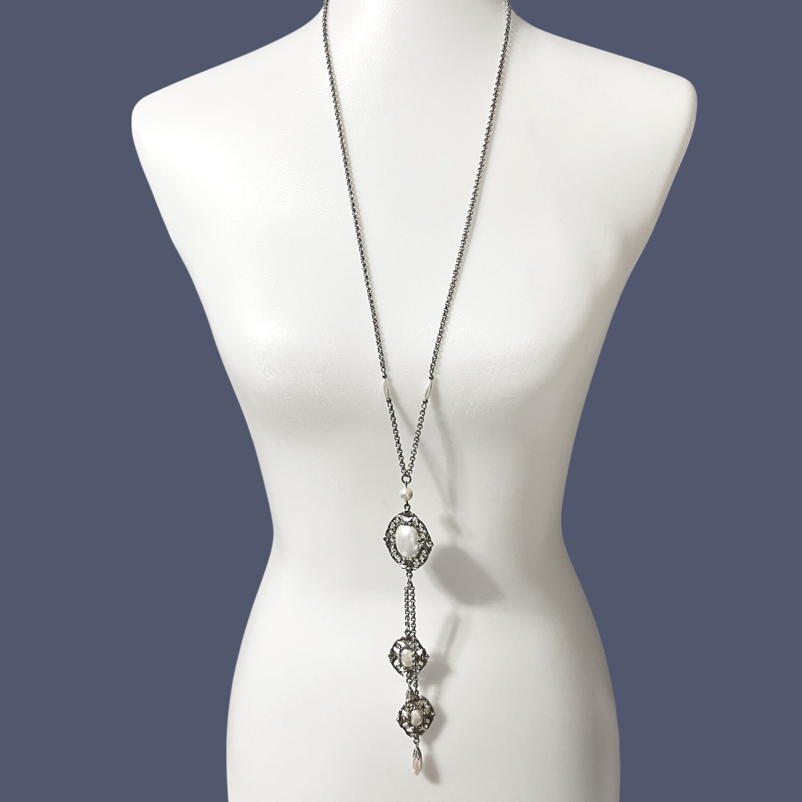 Vintage Y Drop Necklace Imitation Pearl Cabochon Dangle Charm Victorian Style