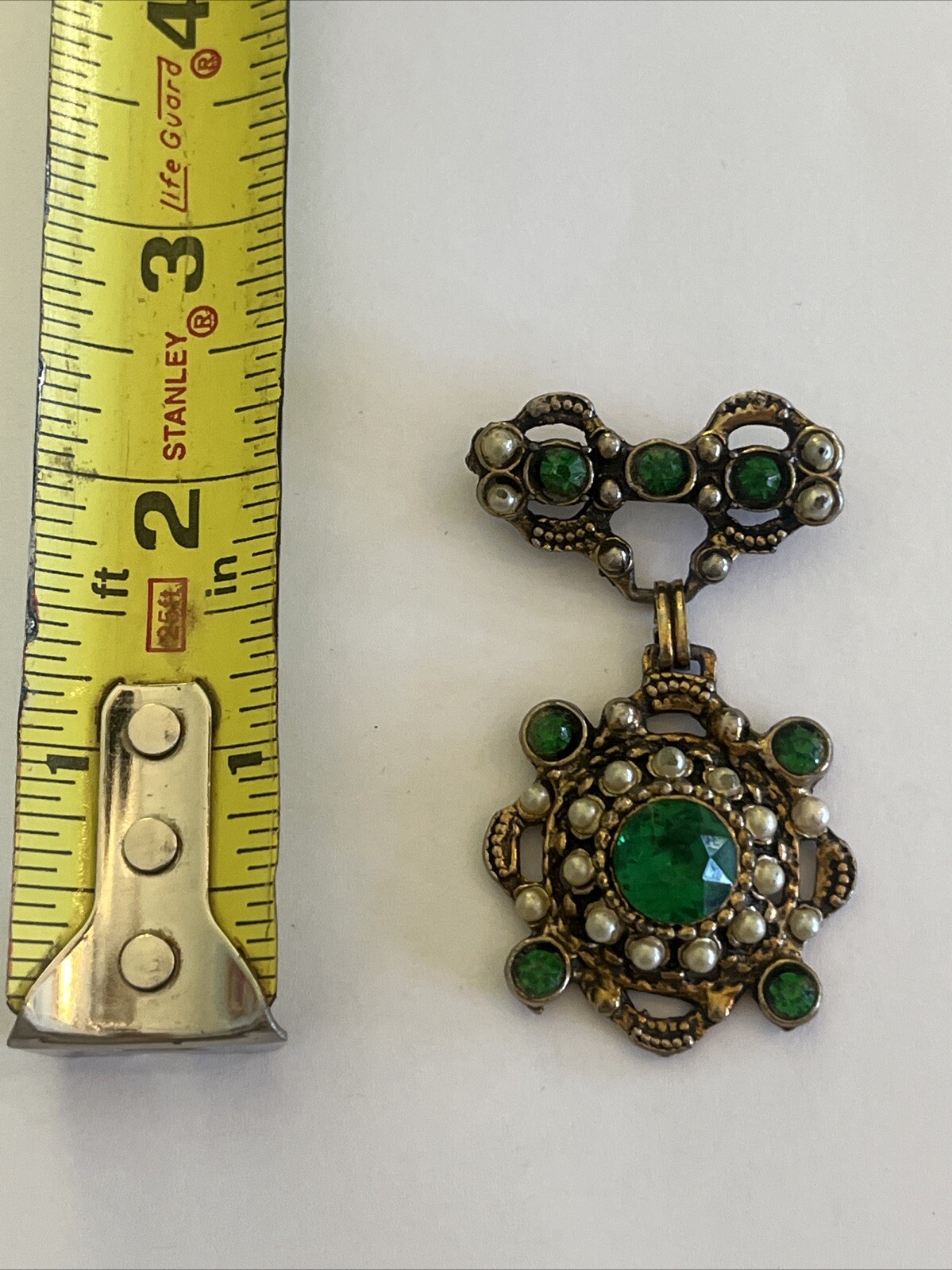 Vintage Austrian Hungarian Brooch Green Rhinestone Pearl Detailing