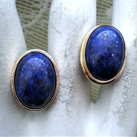 14K Yellow Gold 17.5MM x 14.75MM Lapis Lazuli Omega Back Pierced Earrings 9.3 g