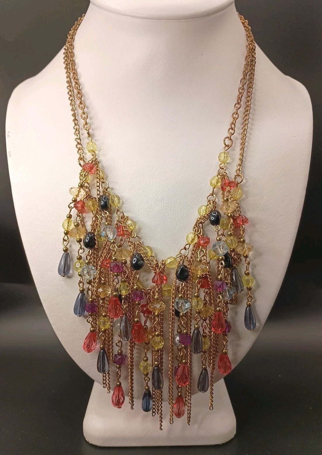 Vintage Beaded Tassel Necklace Bib Fringe Brass Gold Tone Multicolor 21″ READ