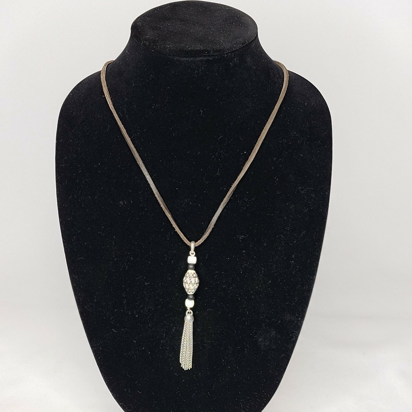 Leather Necklace Rhinestone Spotted Bead Tassel Chain Tassels