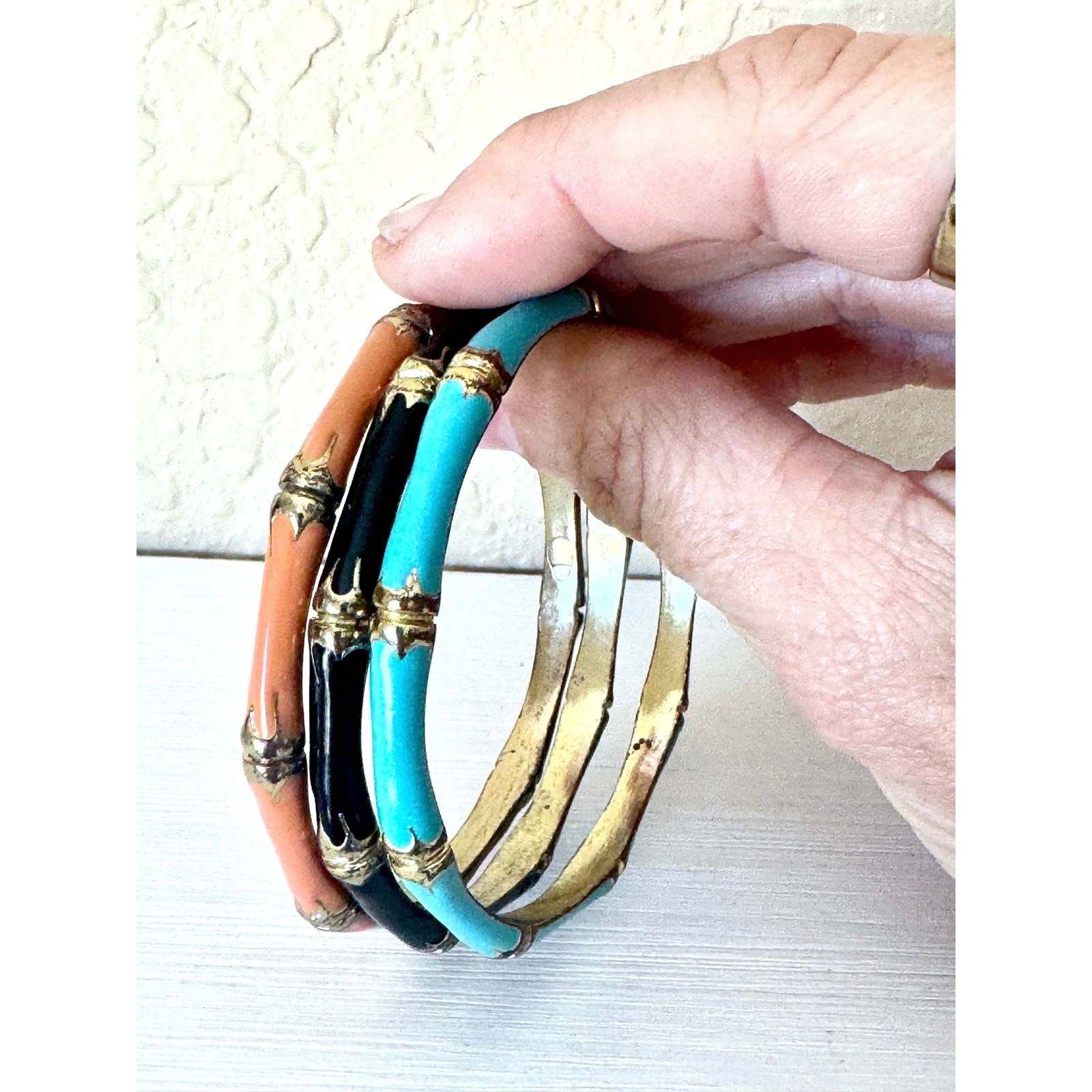 Bamboo Bangle Bracelets Set Enamel Stack Turquoise Coral Black Gold