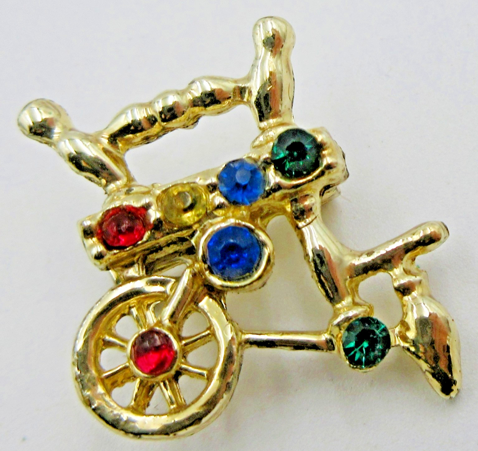 VTG UNUSUAL OPEN WORK RHINESTONE BLing Brooch Pin yellow Blu green red gold tone