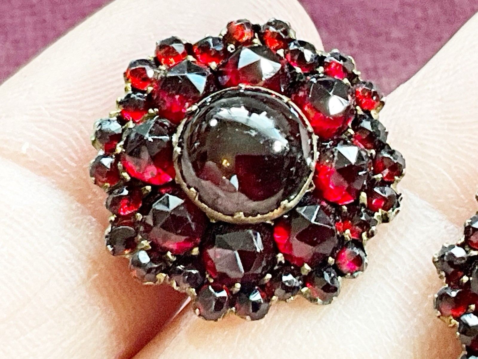 Antique Sterling Silver Vermeil Bohemian Red Garnet Cluster Screw Back Earrings