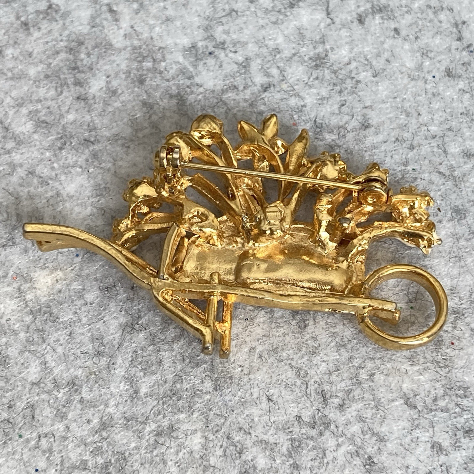 VTG Flower Basket & Wheelbarrow Brooch Lot of 2 Faux Pearls Enamel 1928 Brand