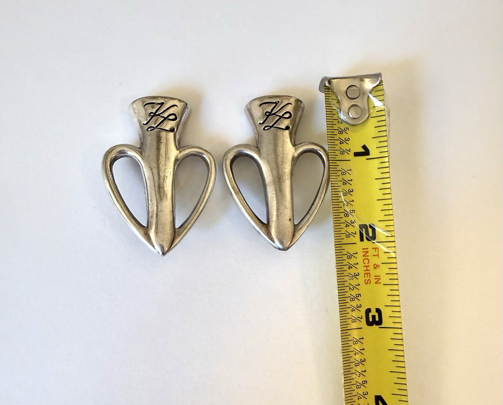 Vintage Karl Lagerfeld Logo Chunky Sivertone Clip On Statement Earrings