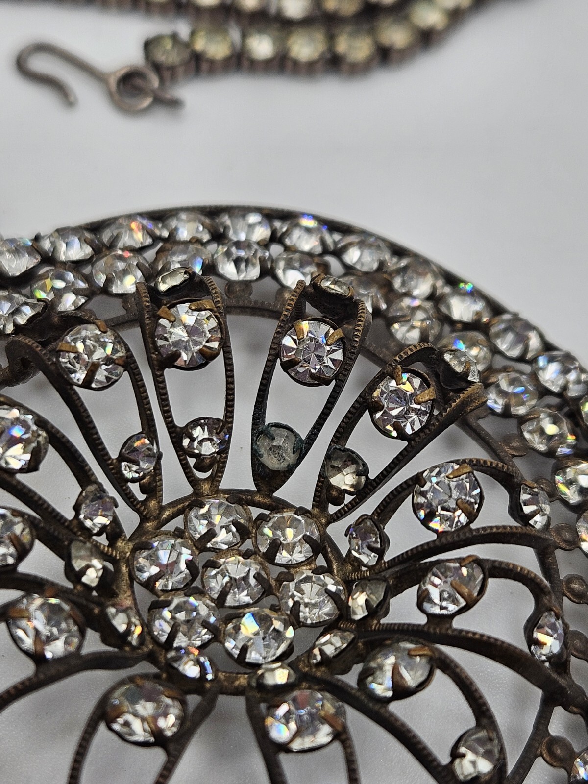As Is Vintage Silver Tone Clear Rhinestones Ornate Pendant Collar Necklace