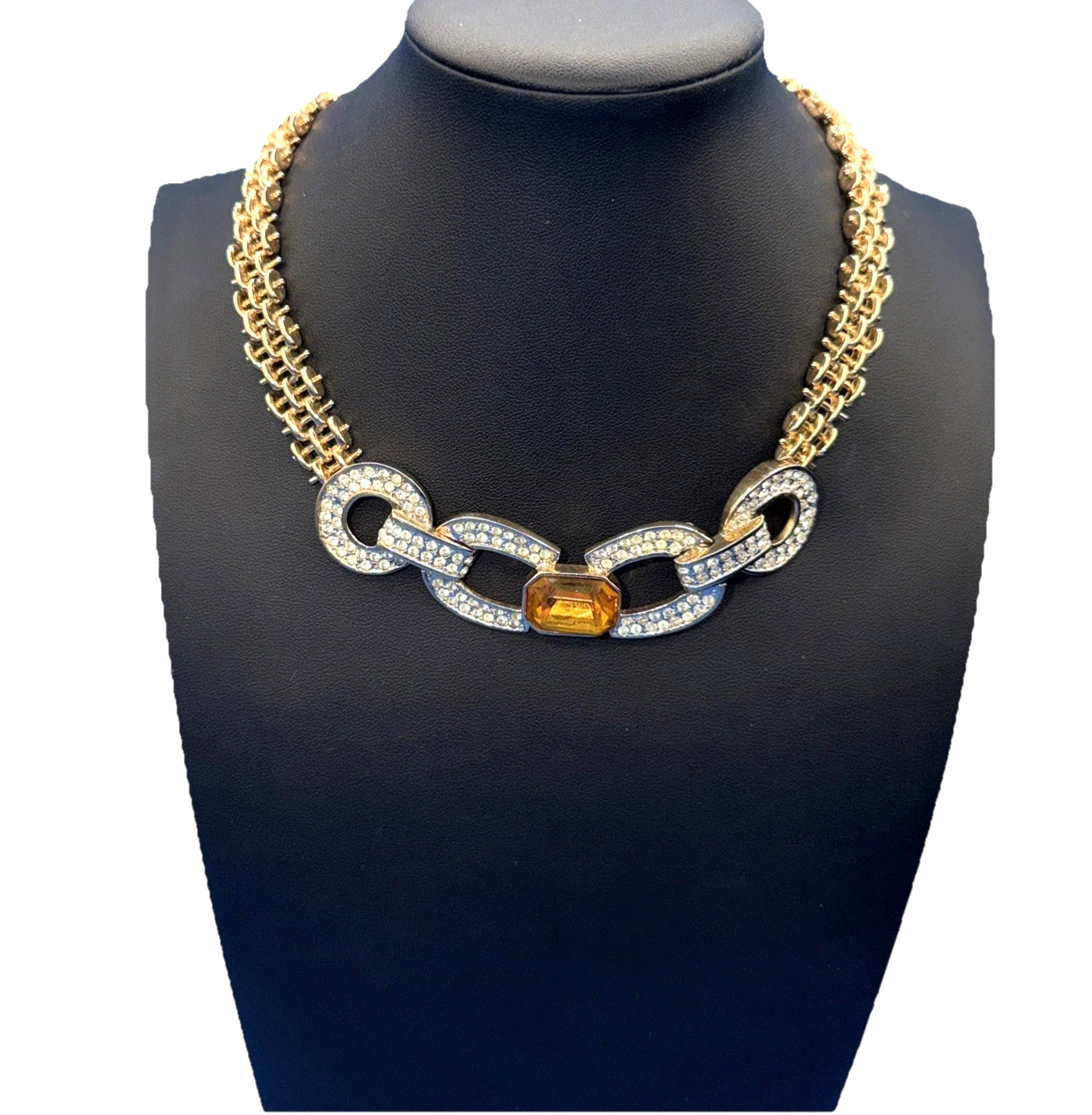 Vintage Gold‑Tone Pavé Link Necklace w/ Yellow Gemstone & Rhinestones
