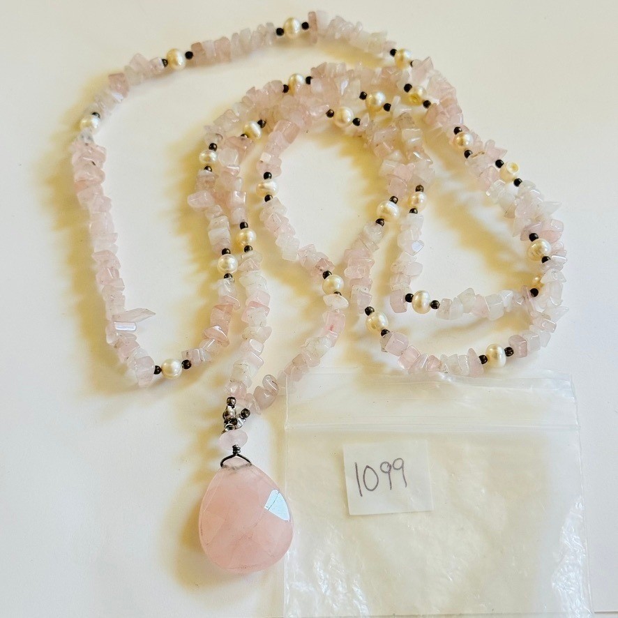 VTG Rose Quartz pink Beaded Necklace natural genuine stone pearl beads rare 40″