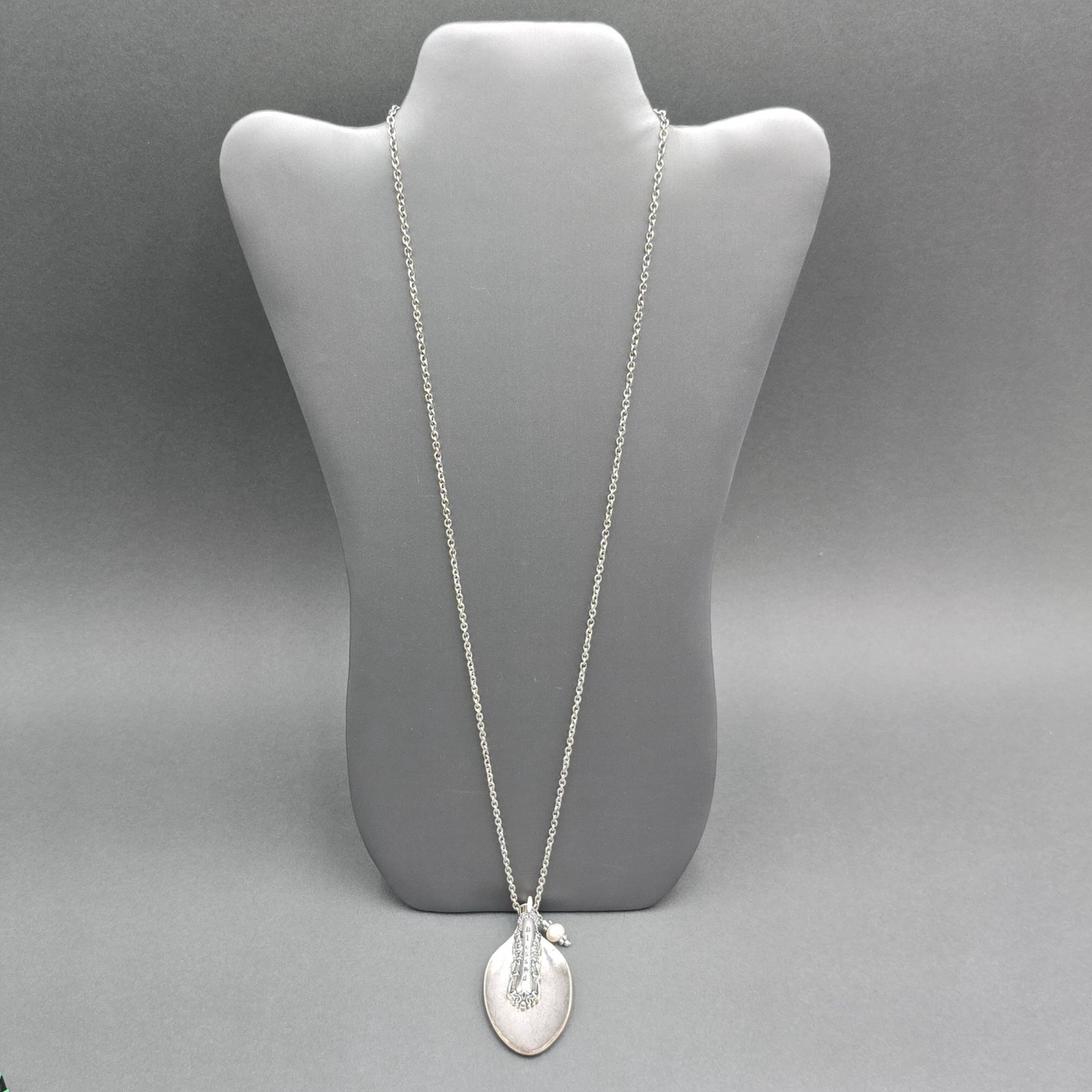 Vintage Blessed Spoon Pendant Necklace Silver Pearl Long Boho Statement Piece