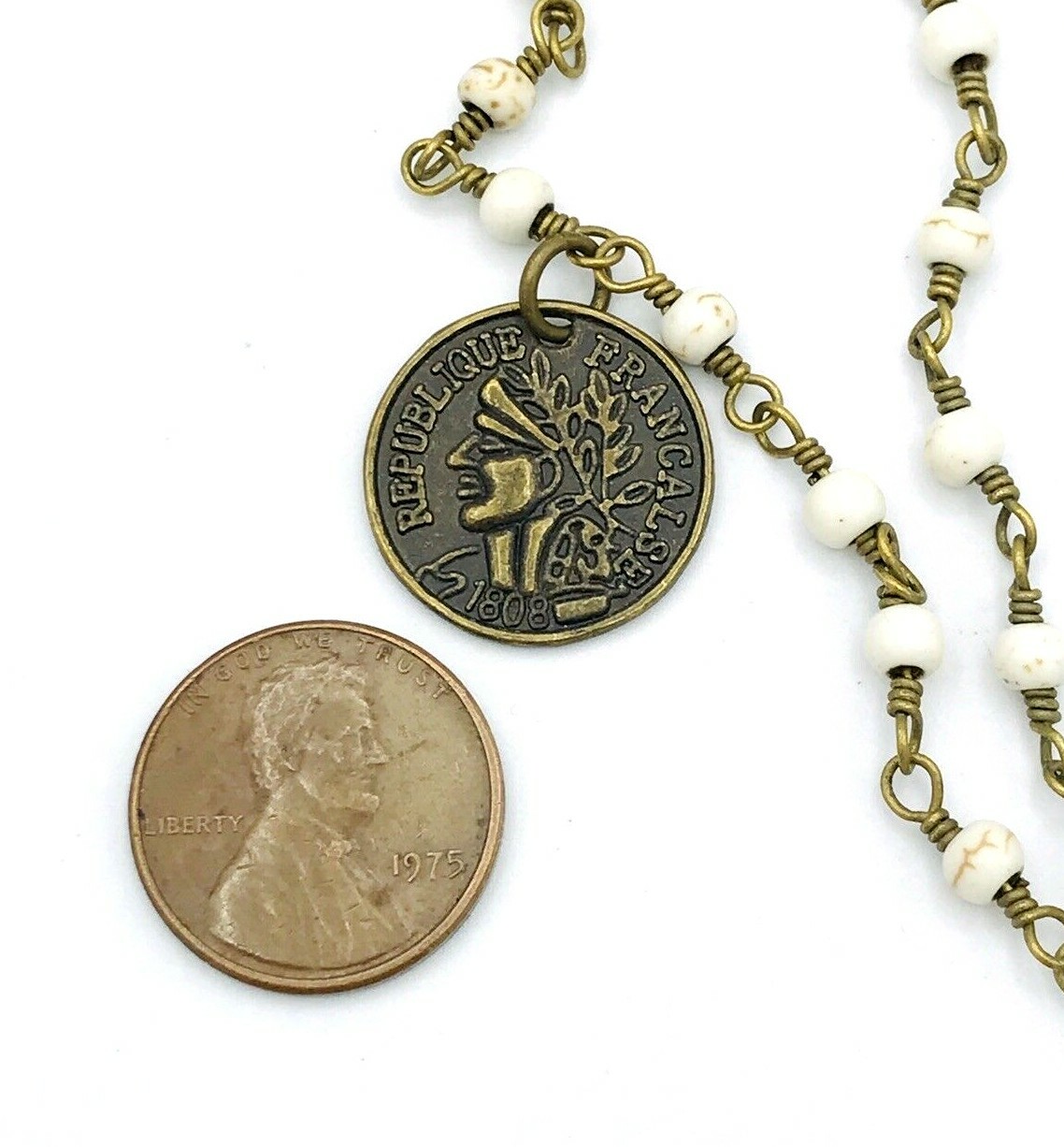Vintage Beaded Rosary Style Republique Francais 1808 Coin Charm Necklace