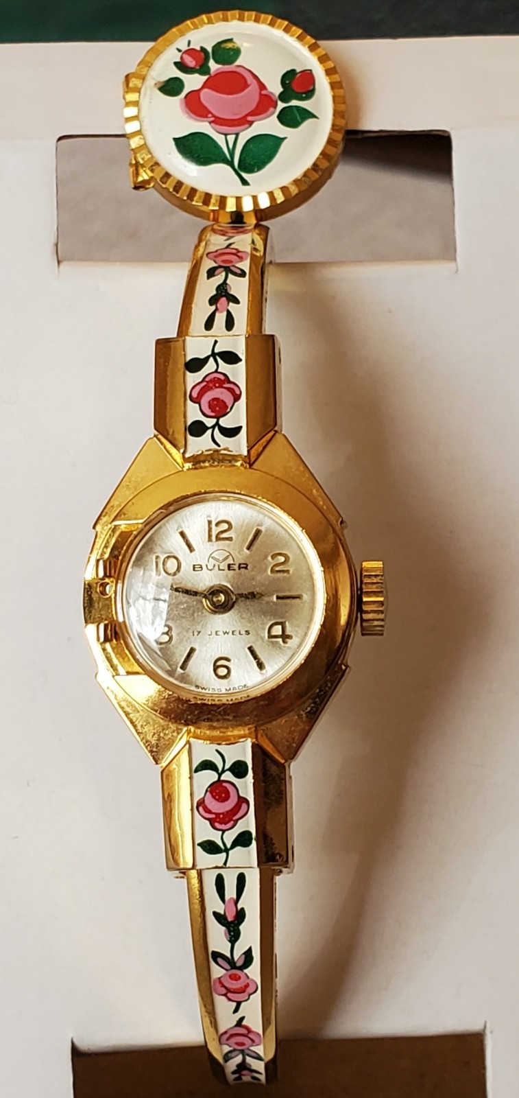 Vintage Buler Manual Gold Plate Enamel Rose Bracelet W/Face Cover Needs Repairs