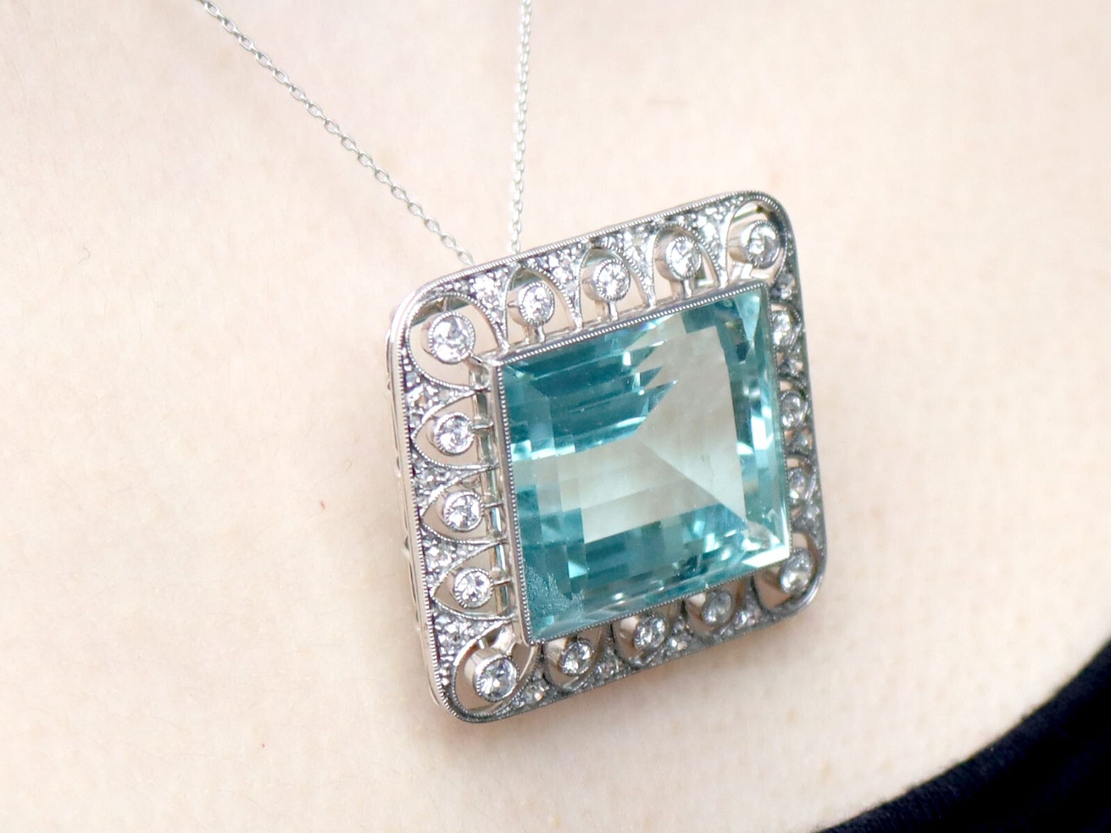 Antique 42.24Ct Aquamarine, 1.62Ct Diamond and Platinum Brooch / Pendant