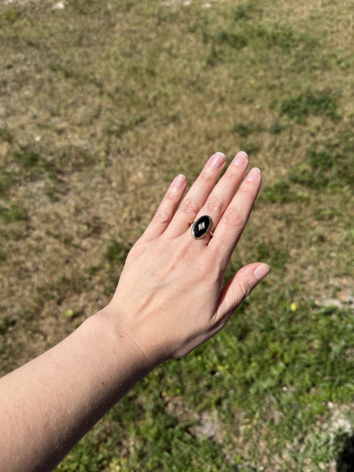 14k Yellow Gold Diamond Oval Black Onyx Size 7 Ring Art Deco