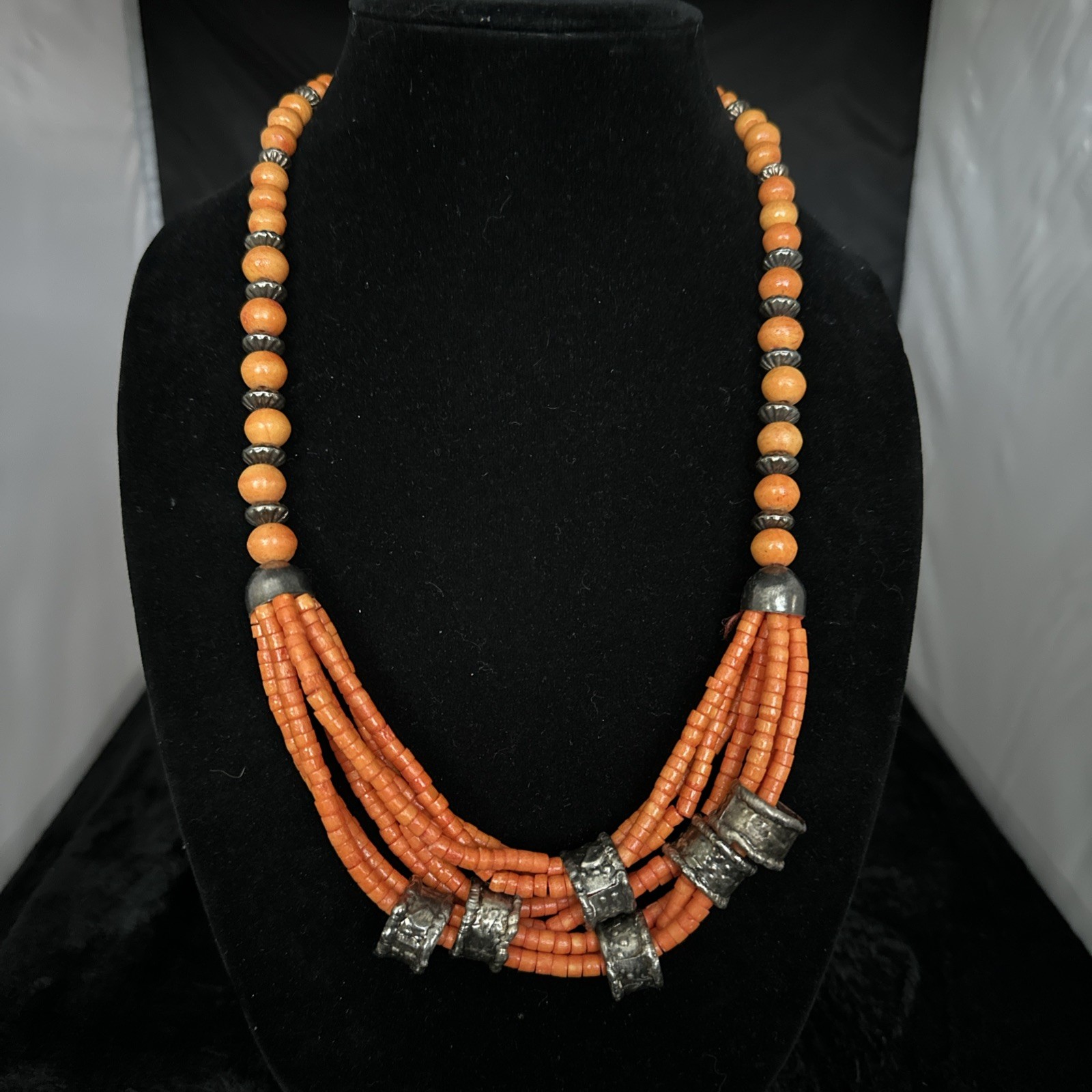 Vintage Orange And Silver Beaded Statement Necklace