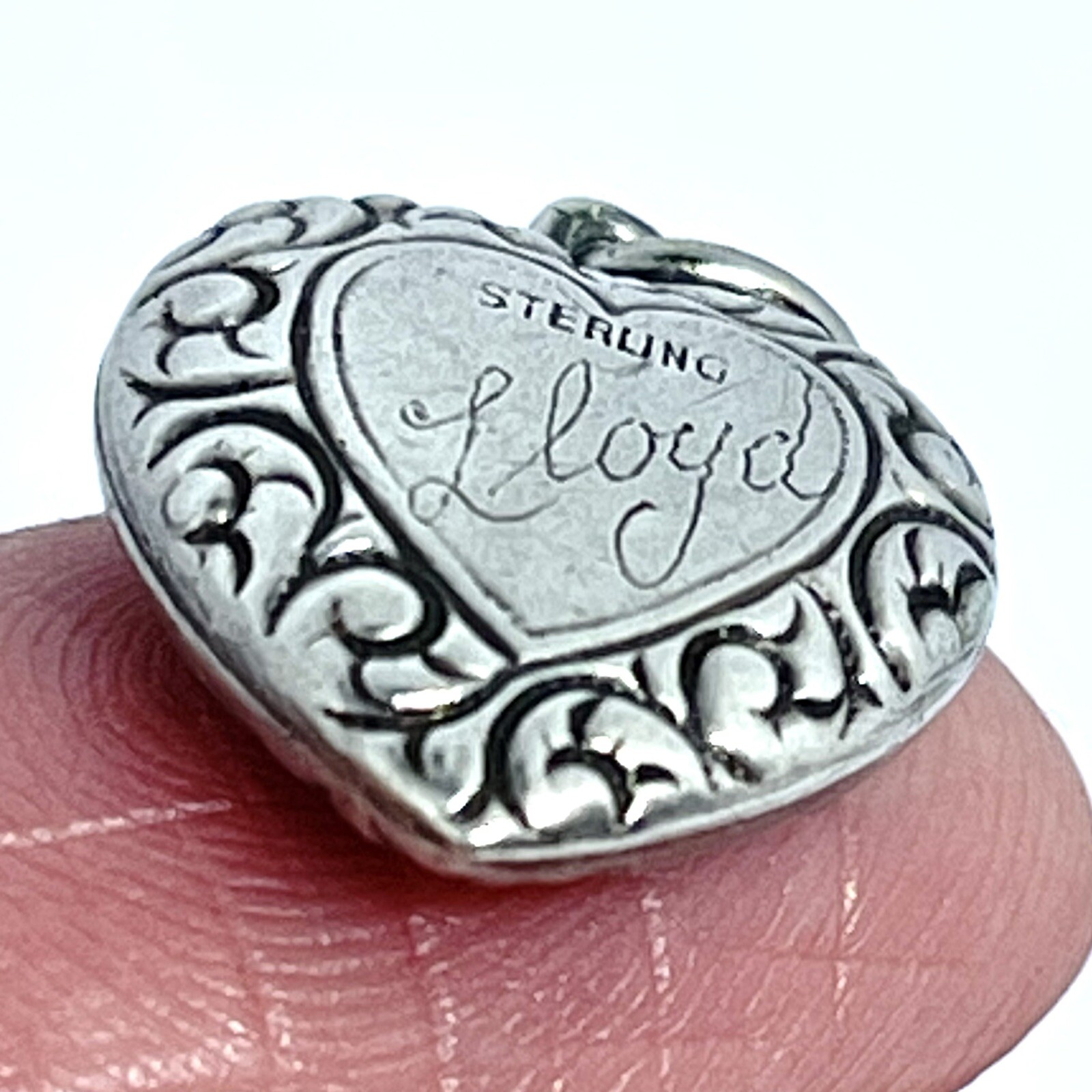 Victorian Puffy Heart Charm VTG Swirls Sterling Silver Repousse Lloyd Engraved