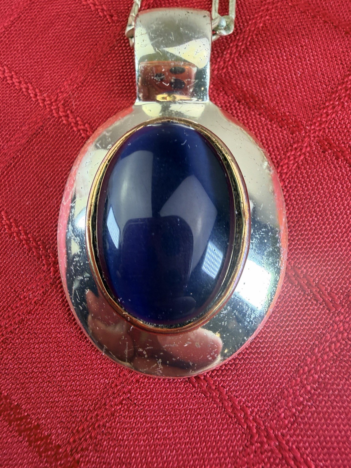 Vtg Silver Tone Blue Cabochon Pendant Necklace Modernist Figaro Chain 18” MCM