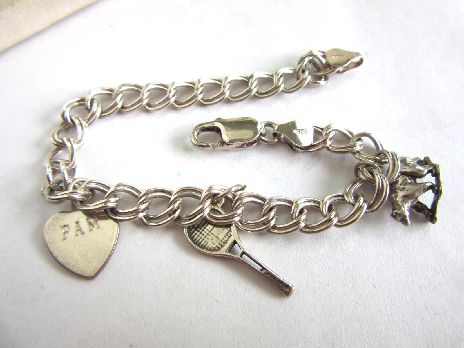 Vintage 925 Italy double link charm bracelet with 3 charms, 17.6 rms 18″ long