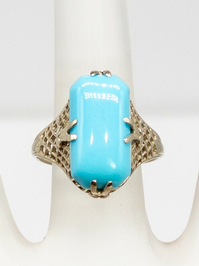 Antique 1920s 3ct Natural Cushion Cut Turquoise 14k White Gold Filigree Ring BIG
