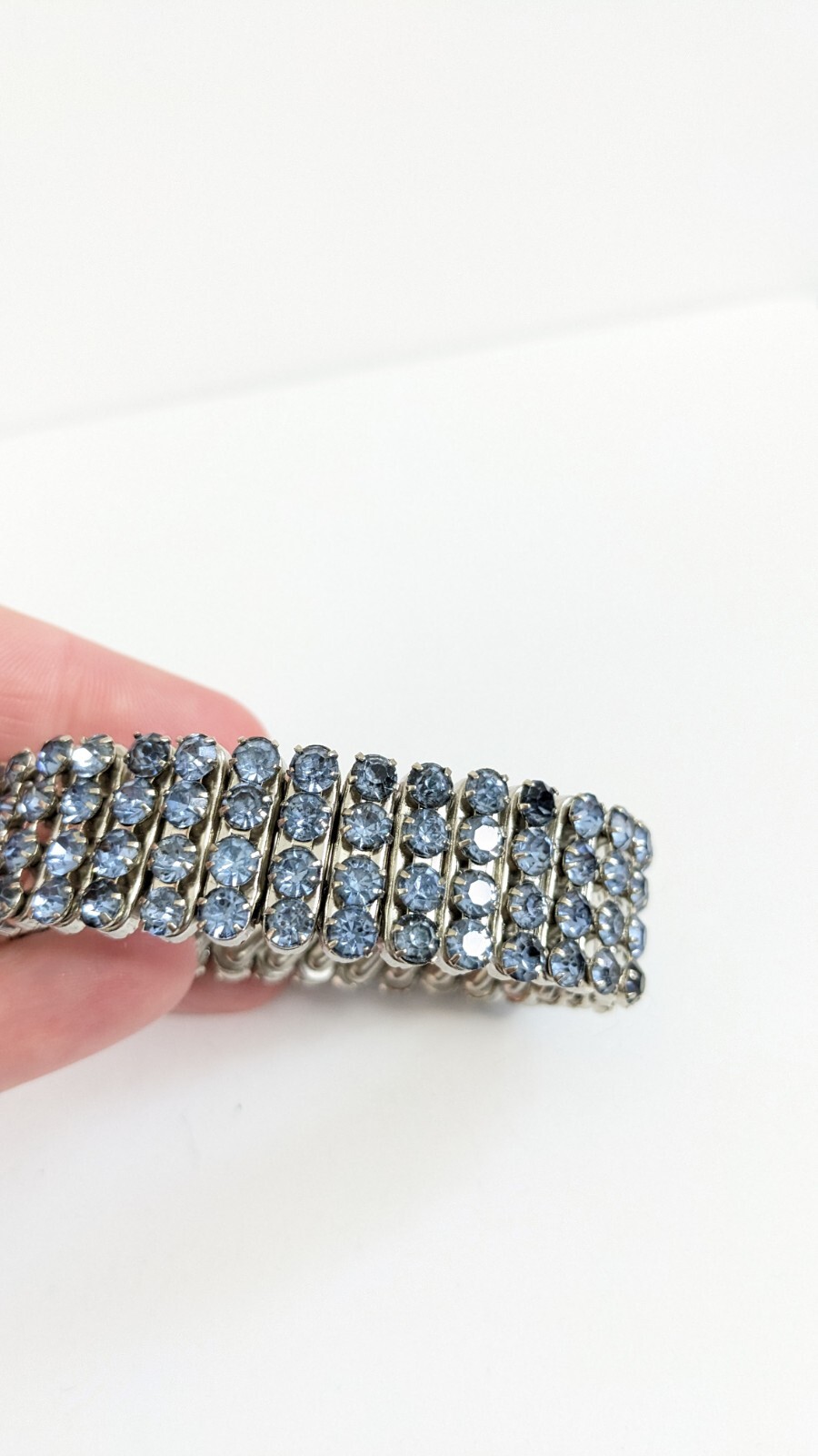 Light Blue Rhinestone And Silver Toned Expanding Bracelet Vintage