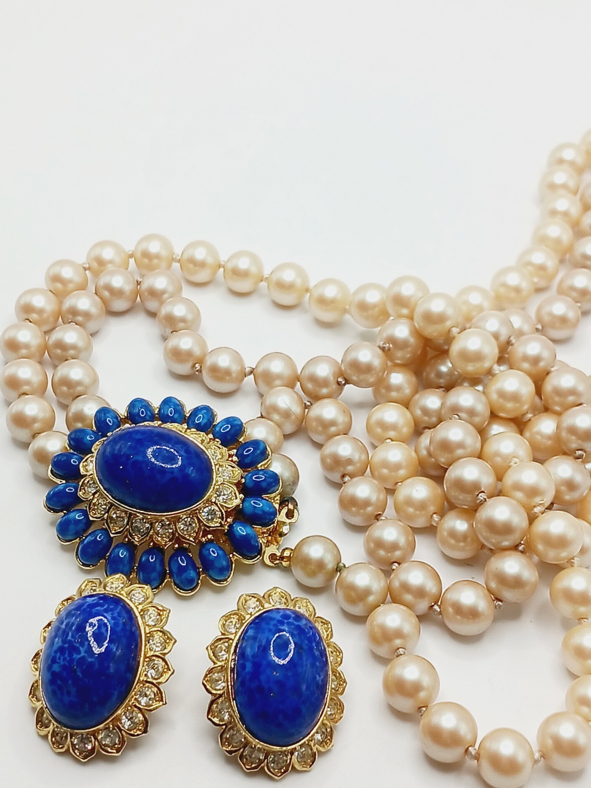 Vintage Set faux Lapis Lazuli mottled Glass Necklace pearl dome cabochon mogul