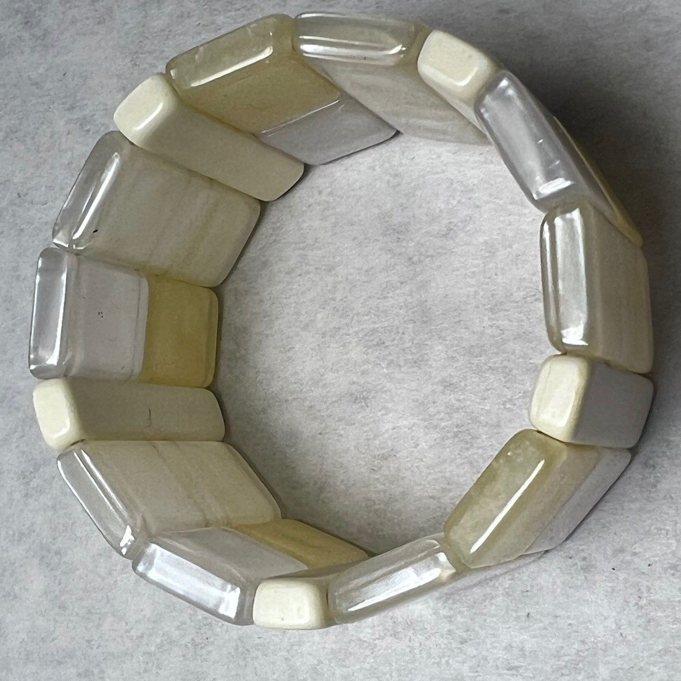 Stretch Beaded Cuff Bracelet Cream Yellow Lucite? Rectangular Beads Vintage