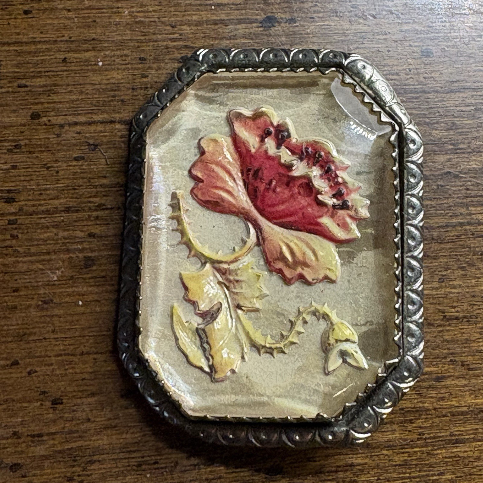 Vintage Reverse Carved Intaglio Brooch Poppy Flower Engraved Silver Tone Setting