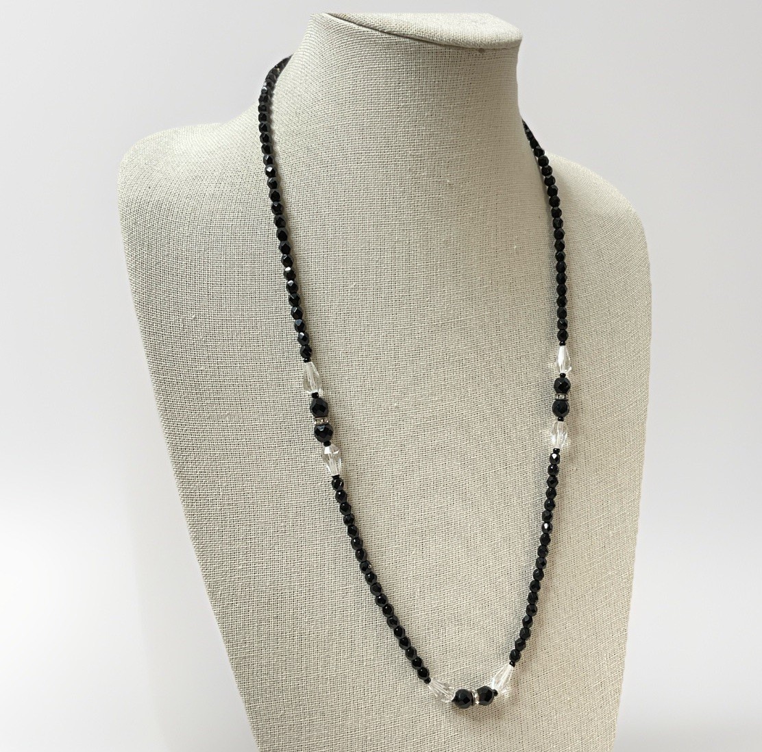 Vintage Art Deco Black Clear Glass Necklace Faceted Bead 26” Crystal Accent