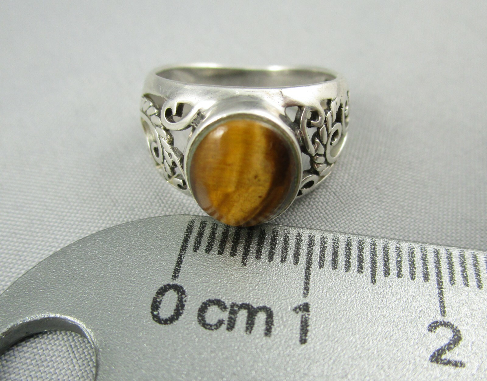 Filigree Sterling and Tigers Eye Ring Signed CW 925 Size 5.25 #4797E
