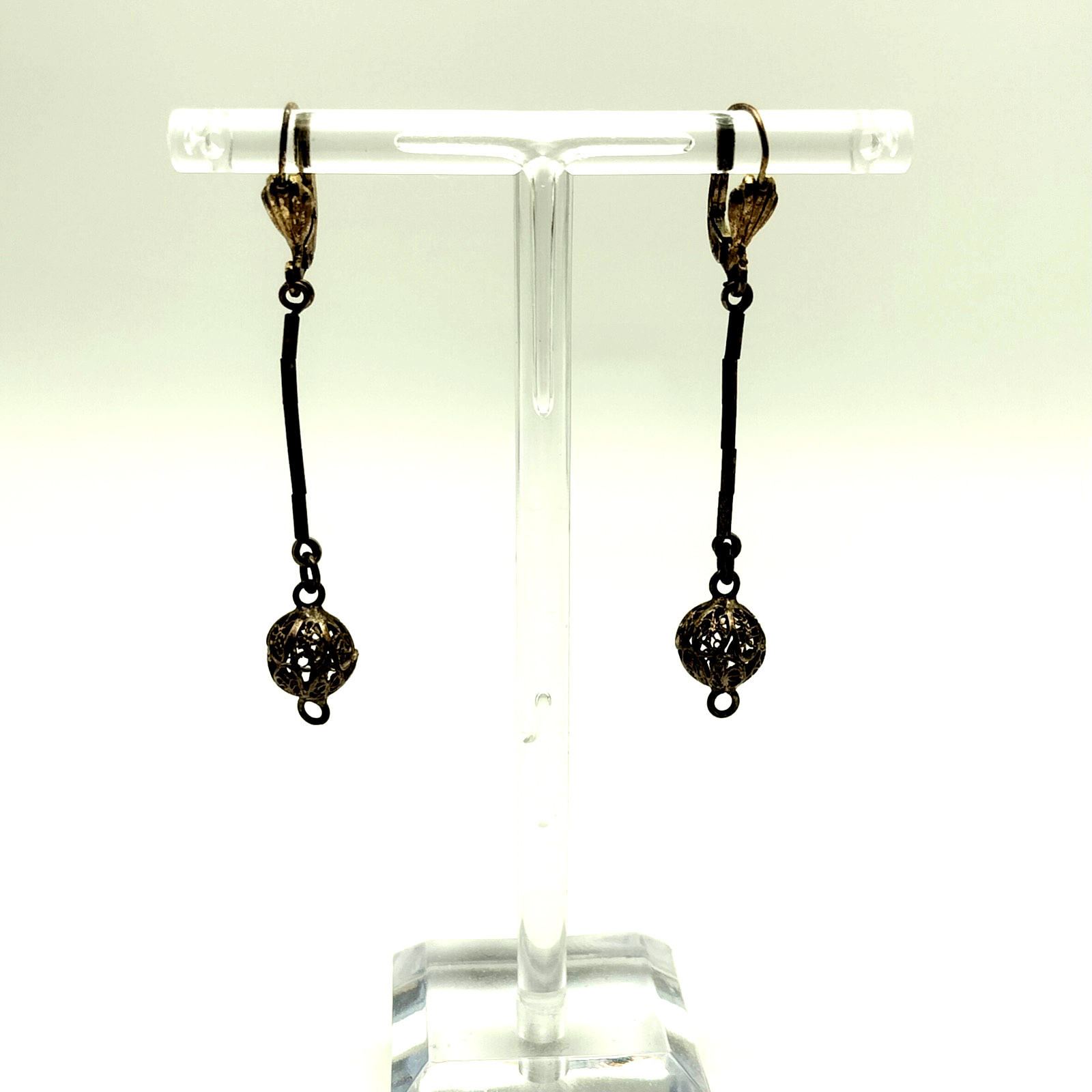 Vtg GES GESCH West Germany PIERCED Dangle Silver Tone Metal Earrings Art Deco