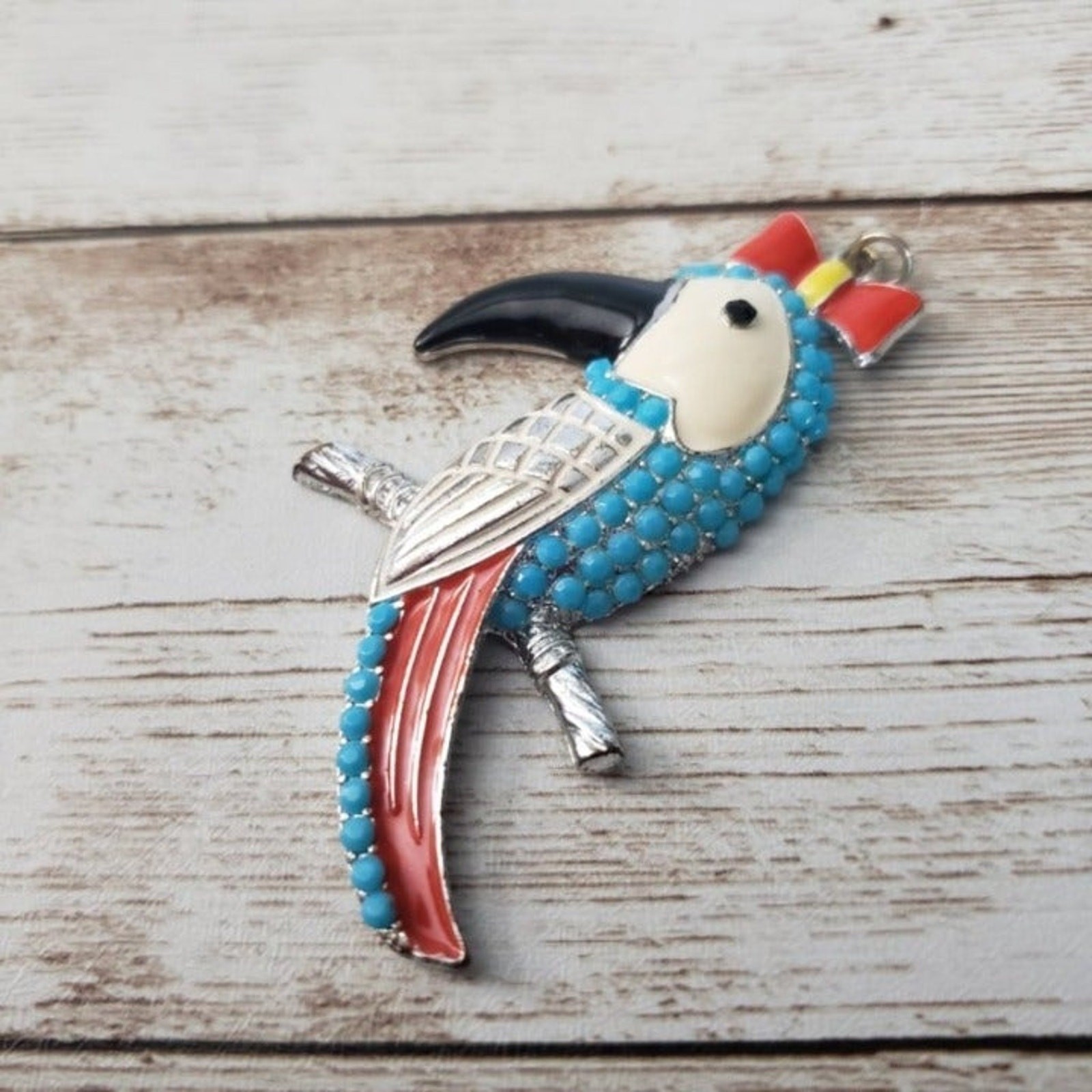 Vintage Pendant Large Blue Parrot with Bow (No Chain Included)