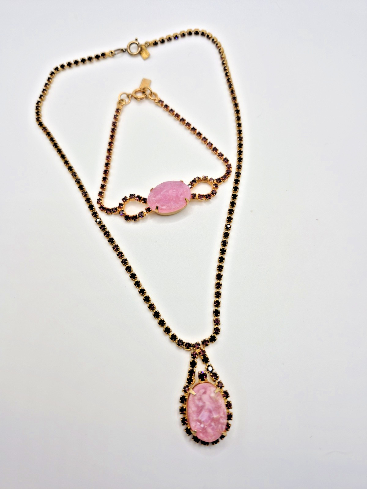 VTG CELEBRITY NY Necklace Bracelet Pink Geode/Pink Druzy w/ Purple Rhinestones