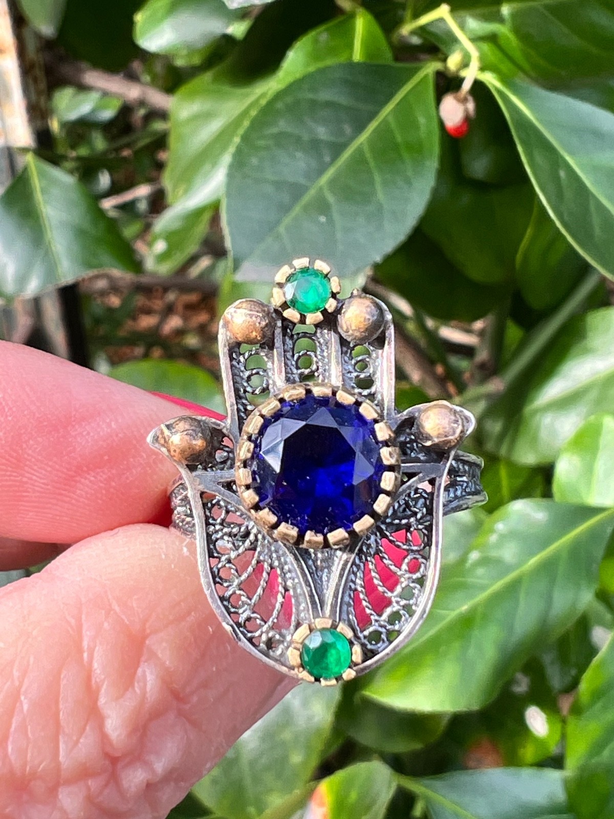 VINTAGE HAMSA VIVID BLUE GREEN PASTE GLASS STONES 925 STERLING SILVER UNIQUE
