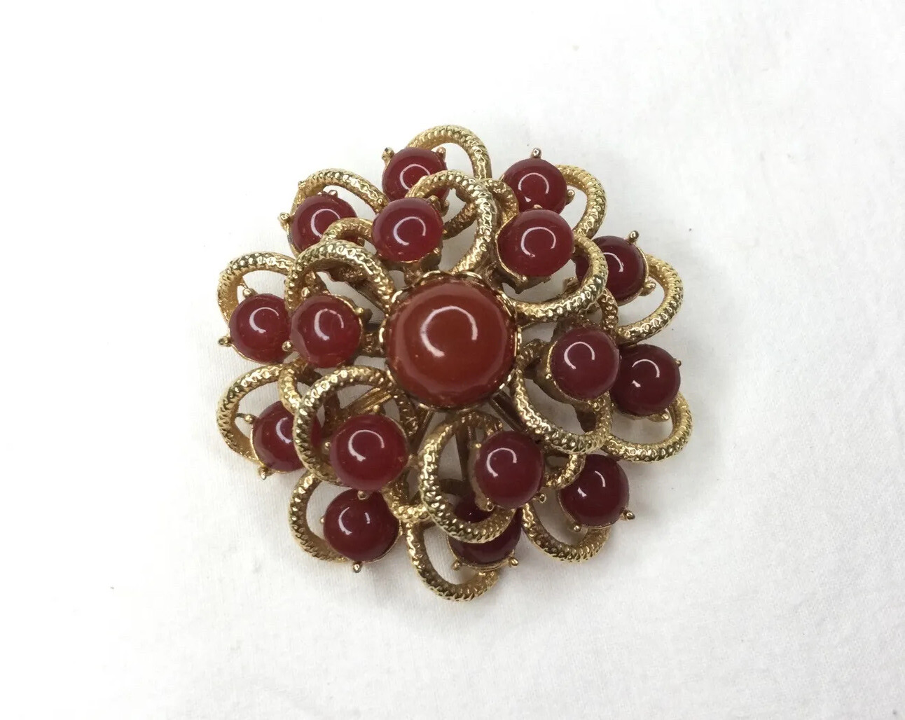 Vintage Sunburst Flower Swirl Brooch Pin Carnelian Goldtone 2” Multi Stone Retro
