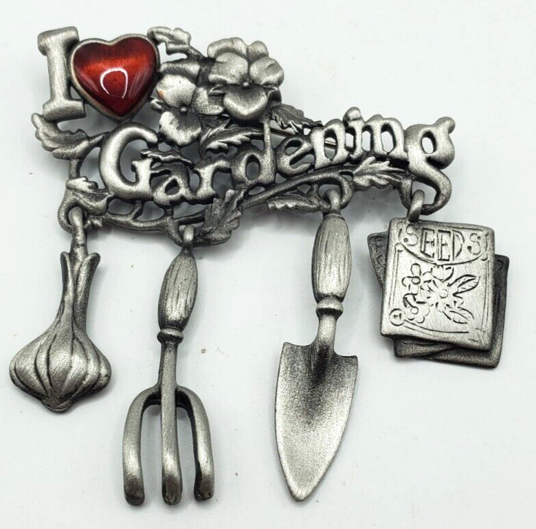 Danecraft I Love Gardening Pewter Pin Brooch Vintage Red Enameled Heart