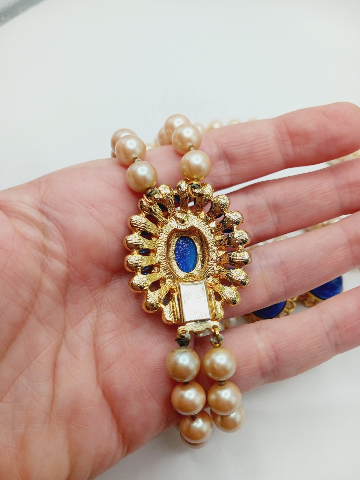Vintage Set faux Lapis Lazuli mottled Glass Necklace pearl dome cabochon mogul