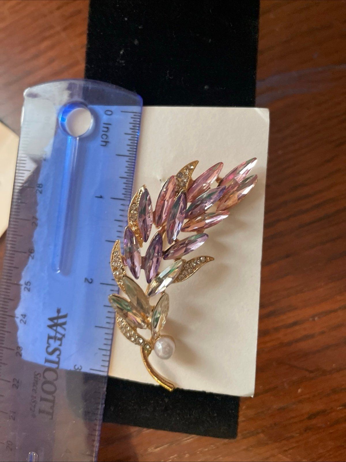 Faux Feather Brooch Pin With “diamon, Pearl And Pink Stones”