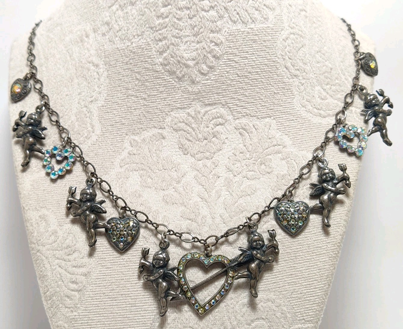 Lovely Vtg signed TOP SHELF JEWELRY AB Rhinestone Angel Design Silver Necklace