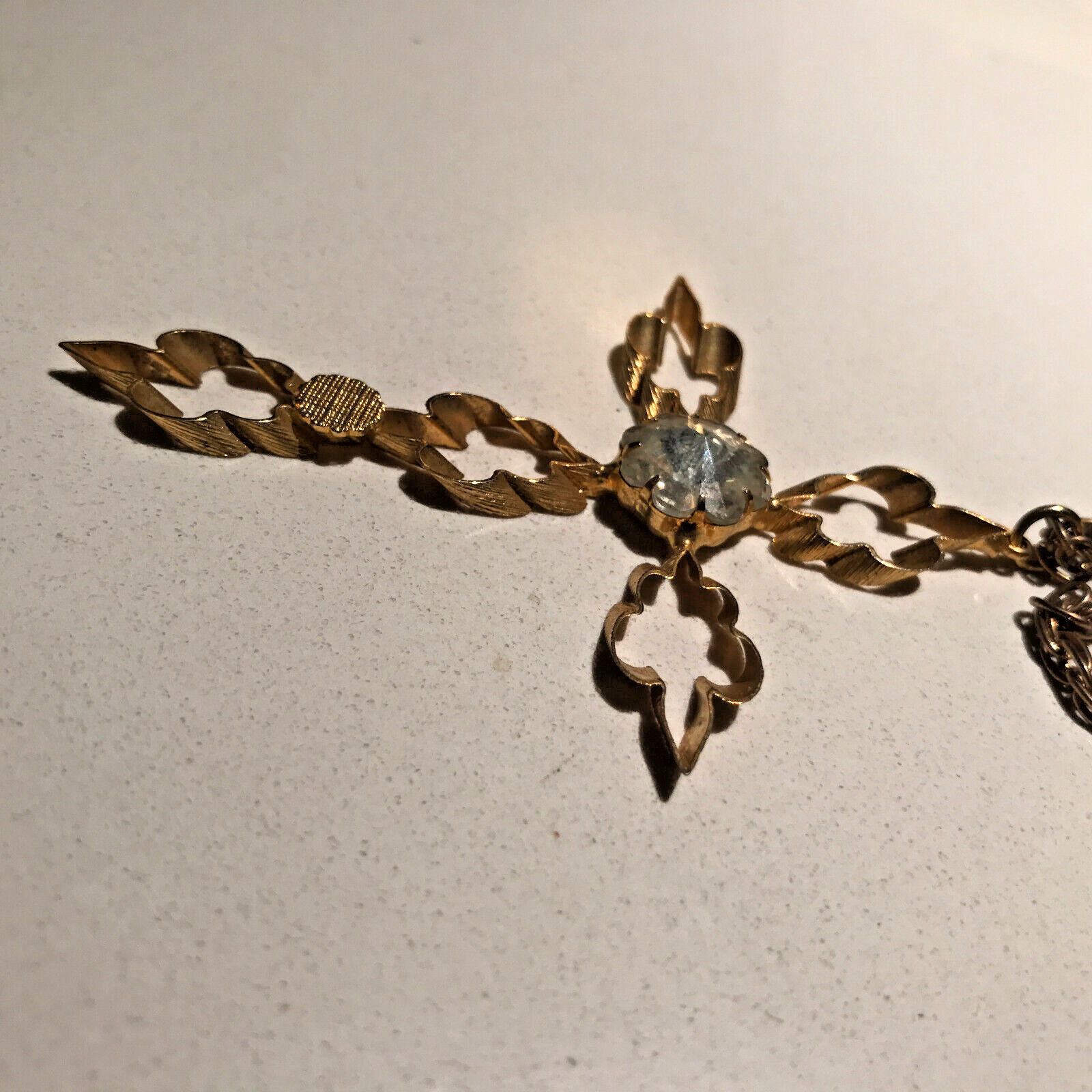 Vintage 3″ Gold Tone Cross 20″ Necklace Simulated Diamond April Birthstone
